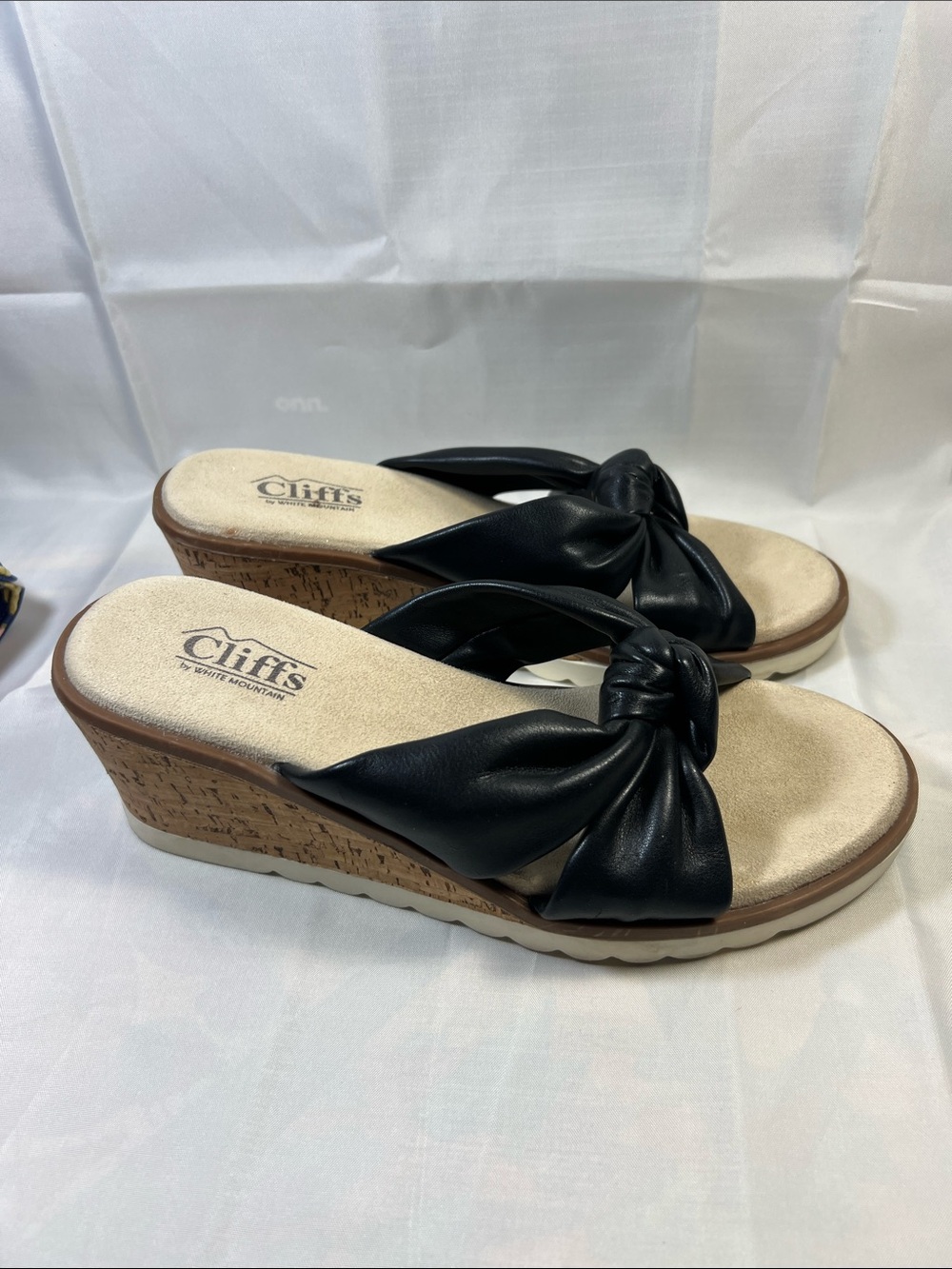 Cliffs by WHITE MOUNTAIN Black Knot Wedge Sandals with Cork-Look Heel